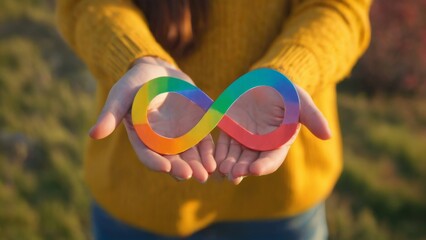 Serene Scene: Person Holding Colorful Infinity Symbol Outdoors in Nature, Peaceful and Tranquil Mood