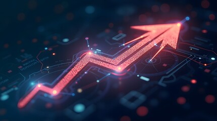 Dynamic glowing red arrow graph shows upward trend and financial growth in futuristic digital data interface