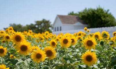 sunflower garden under bright summer sunlight. The tall golden flowers face toward the blue sky, with a white fence and small wooden house in the background.