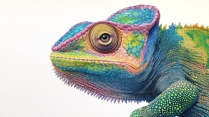Fototapeta premium Colorful chameleon portrait, studio shot, white background, adaptation