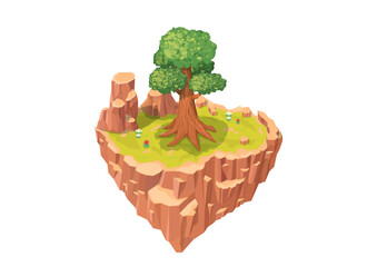 Isometric floating natural island with big trees