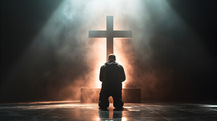 Devout man kneeling and praying before the cross in a quiet moment, dramatic lighting emphasizing humility and divine connection.