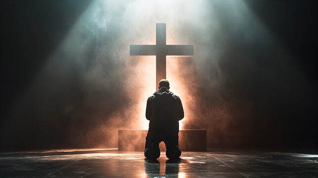 Devout man kneeling and praying before the cross in a quiet moment, dramatic lighting emphasizing humility and divine connection.