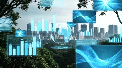 Smart City Technology Futuristic Data Visualization Overlaying Modern Cityscape Sustainable digital innovation - Powered by Adobe