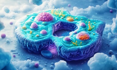 Isometric view of a cell with detailed organelles such as the nucleus, mitochondria, and ribosomes, showcasing cell biology