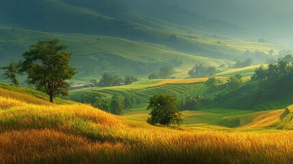 Rolling hills with golden fields and lush green vegetation.