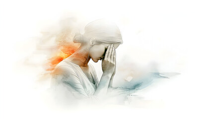 Modern digital artwork of a woman in prayerful pose, hand near her cheek, soft background hues symbolizing tranquility, belief, and emotional depth.