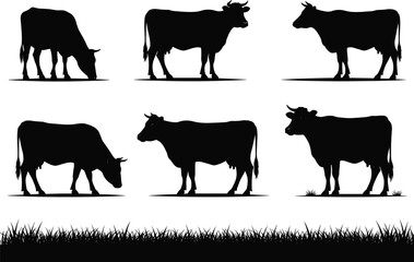 Cow silhouette grazing, standing, walking, black cattle vector set, farm animal poses, livestock illustration, rural graphic, agriculture concept, editable design