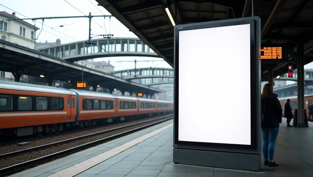 Mock up Vertical advertising billboard lightbox with empty digital screen on railway station.