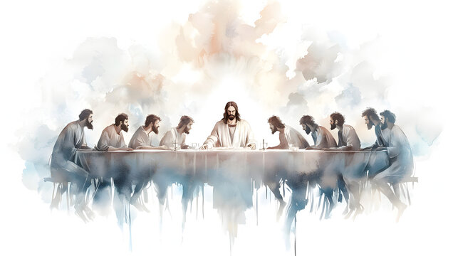 Hand-painted watercolor artwork inspired by the Last Supper, portraying Jesus blessing the bread and wine surrounded by disciples in a serene biblical atmosphere.
