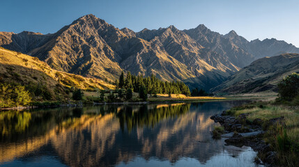 Fototapeta premium A serene mountain lake perfectly reflects the rugged, sunlit valley walls and rocky peaks during sunrise, showcasing clear water and shoreline grass.