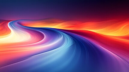 An abstract digital artwork featuring a vibrant, curving road or stream of light that flows from the foreground into the distance, surrounded by fiery orange and red waves against a dark sky.