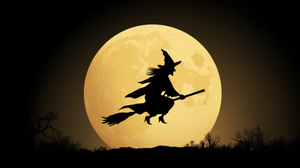 Silhouette of witch flying on broomstick against large full moon creates mystical and enchanting atmosphere. dark landscape adds to magical feeling of scene