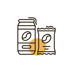 Doodle Style Coffee Can and Snack Bag Icon with Bean Design in Black Outline and Yellow Circle Isolated on Transparent Background