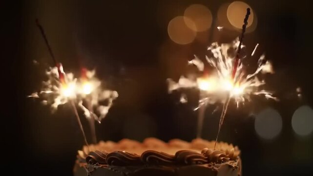 Birthday cake with sparklers burning bright.