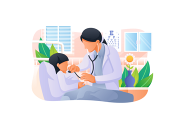 Doctor Examining Child Patient in Hospital Bed Flat Illustration