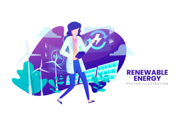 Doctor Promoting Renewable Energy Solutions with Solar Panels Wind Turbines and Sustainable Technology in a White Background