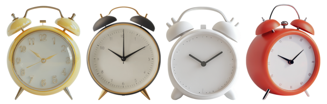 Colorful Vintage Alarm Clocks Display on White Background, Isolated on Transparent Background