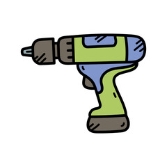 Doodle of a Power Drill with Black Outline Light Green Handle Blue Housing on Transparent Background