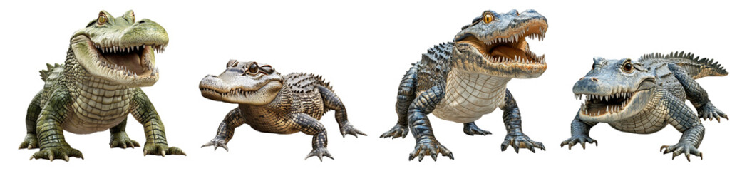Obraz premium Four Colorful Cartoon Crocodiles with Different Expressions and Poses, Isolated on Transparent Background