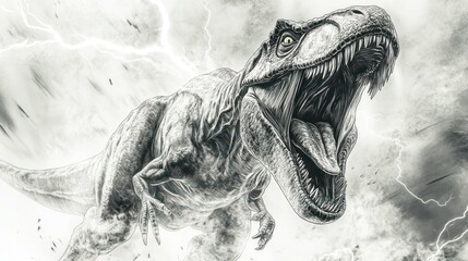 Roaring T-Rex in Stormy Prehistoric Landscape