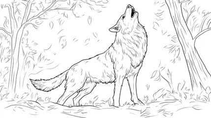 Obraz premium Howling Wolf Forest Line Art Coloring Page