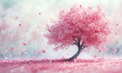 Watercolor cherry blossom tree in full bloom, with soft pink petals, vibrant and gentle, 3D illustration
