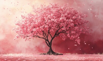 Watercolor cherry blossom tree in full bloom, with soft pink petals, vibrant and gentle, 3D illustration