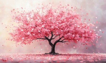 Watercolor cherry blossom tree in full bloom, with soft pink petals, vibrant and gentle, 3D illustration