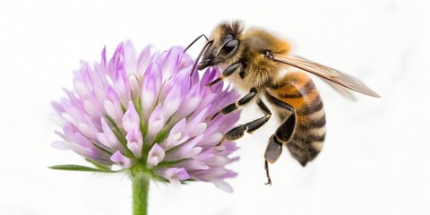 European honey bee perched on lavender and clover flower, macro studio