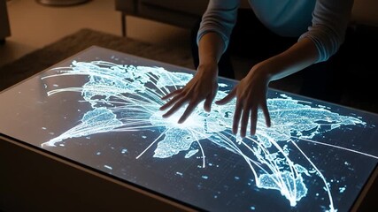 Interactive World Map Display with Hands Touching Screen. - Powered by Adobe