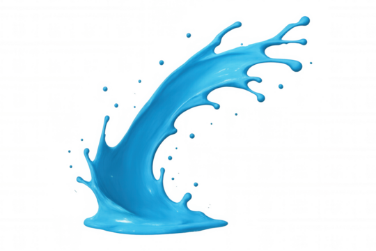 Blue liquid paint splashing, creating an abstract wave shape with drops, symbolizing creativity and motion. Transparent background