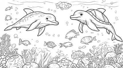 Fototapeta premium Dolphins, turtle, reef, ocean, coloring page, underwater, sea life, activity