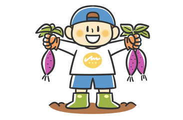 さつまいもを収穫する帽子をかぶった男の子