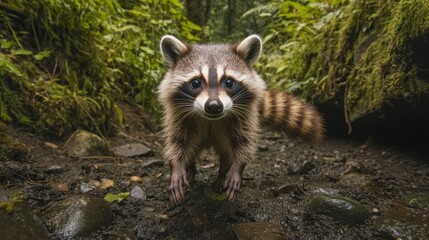 Fototapeta premium Raccoon walking forest stream, mossy background, wildlife documentary