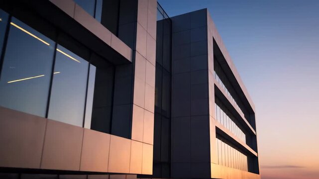 Modern architectural lines are softly illuminated by the first rays of dawn, captured with a slow push-in shot slow push-in shot, patterns, glass