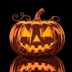 Glowing jack o lantern with spooky face and reflection on black background