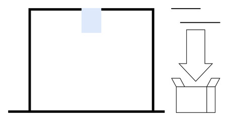 Empty drop-off area with a slot for items and a bold arrow pointing to an open box. Ideal for logistics, delivery services, packaging, storage, organization, workflow, simple flat metaphor