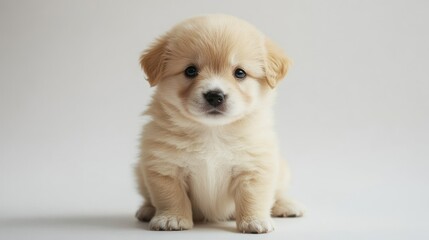 Obraz premium Fluffy Puppy Sitting Studio Portrait, White Background