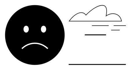 Black sad face with frown and two eyes alongside a cloud and horizontal lines evoking wind. Ideal for emotions, sadness, depression, loneliness, melancholy, weather, and mood changes. Simple flat
