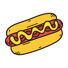 Doodle Style Hotdog with Mustard Isolated on Transparent Background