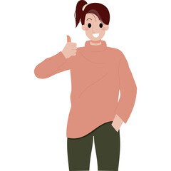 Fototapeta premium Smiling Woman with Auburn Ponytail in Coral Sweater and Green Pants on Transparent Backdrop Giving Thumbs Up Hand Gesture