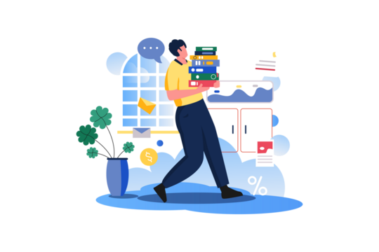 Staff Carrying Books in Office with Charts And Window Flat Vector Design