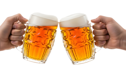 Hands toasting with large traditional beer mugs filled with fresh foamy beer. isolated PNG with Transparent Background