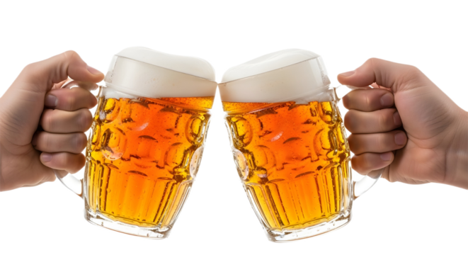 Hands toasting with large traditional beer mugs filled with fresh foamy beer. isolated PNG with Transparent Background - Powered by Adobe