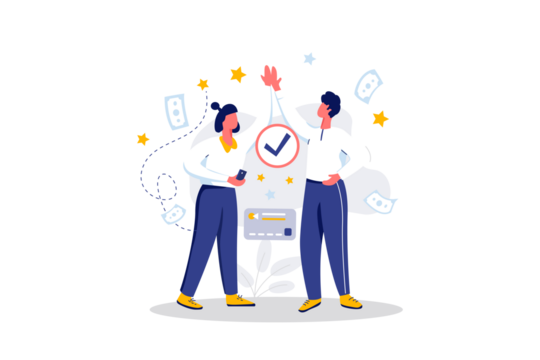 Successful Partnership Flat Vector Illustration with Cheerful Figures Currency Stars and Financial Elements on Transparent Background