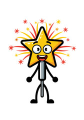 Obraz premium A cheerful golden star character with stick figure body, featuring a burst of fireworks in the background on clean white. Ideal for festive celebrations and fun designs
