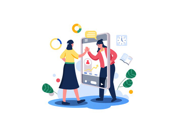 Remote Teamwork with Mobile Phone and Animated People Celebrating Success Flat Vector Illustration Communication Work Exchange Concept