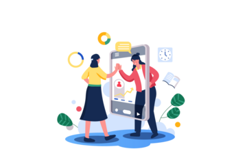 Remote Teamwork with Mobile Phone and Animated People Celebrating Success Flat Vector Illustration Communication Work Exchange Concept