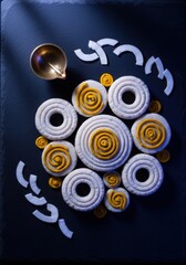 Creative White Rice Pitha Cakes with Yellow Spirals and Diya Lamp on Dark Slate for Indian Festival Food Flat Lay